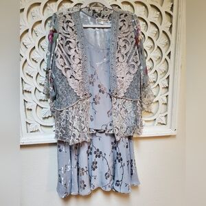 Spencer Alexis Vintage 3 Piece Set Kimono, Tank, Skirt Med /large Cherry Blossom